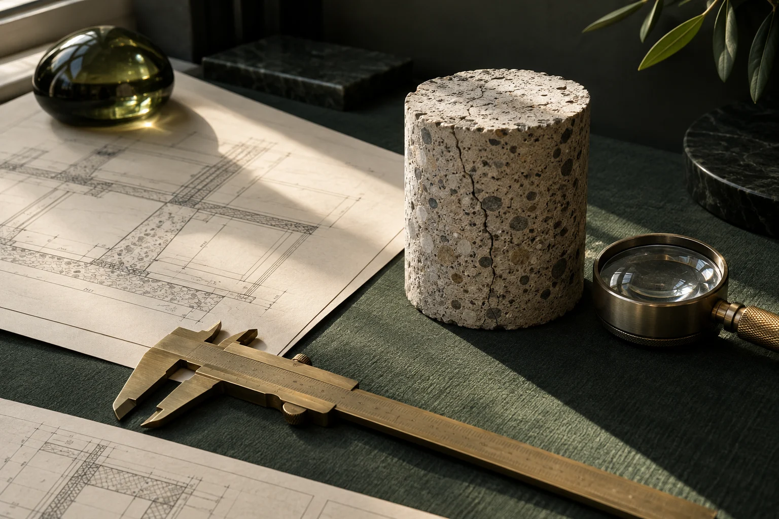Illustration d’un échantillon de béton, de plans et d’instruments d’observation sur une table de travail.